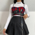 Chic Punk Style Gothic PU Buckle V Neck Zip Sashes Belt Cami Top Sexy Short Vest Summer Crop Top Rock Red Black Plaid Tank