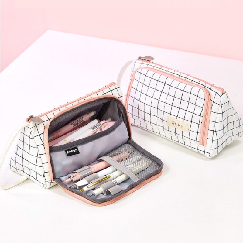 Pencil Case Stationery Bag Pen Holder School Supplies Office College Student Girl BagChristmas Gift White Plaid Stationery Pouch