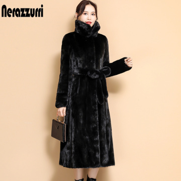 Nerazzurri High quality winter long fluffy faux fur coat women long sleeve belt Black fake mink fur overcoat plus size fashion