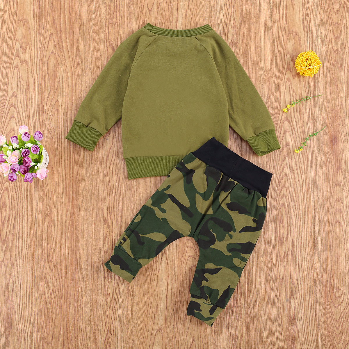 Baby Long Sleeves + Trousers, Camouflage Pattern Ribbed Closing Elastic Waist Adjustable Drawstring Spring Clothing