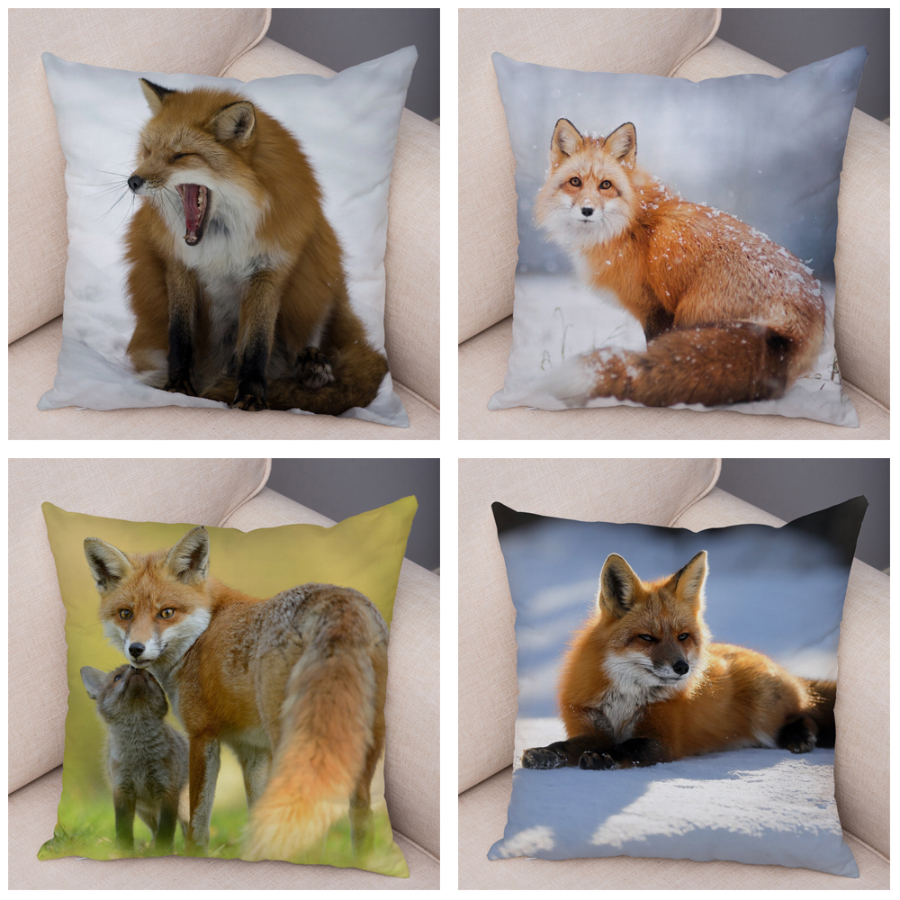 Cute Wild Fox Printed Pillowcase Decor Lovely Animal Pillow Case Soft Short Plush Cushion Covers for Car Sofa Home 45*45cm