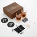 Whiskey Stones and Whiskey Glass Gift Box Set - 8 Granite Chilling Whisky Rocks + 2 Glasses in Wooden Box - Best Gift for Men Fa