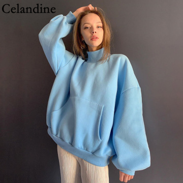 Celandine White Black O Neck Pocket Loose Hoodie Women Long Sleeve Oversized Pullover Casual Warm Sweatshirts Autumn Winter 2020