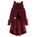 Feitong Winter Coat Women Hoodies Sweatshirt Fleece Embroidery Cat Ears Button Hem Plus Size Hoodie Top Pocket Female Blouse