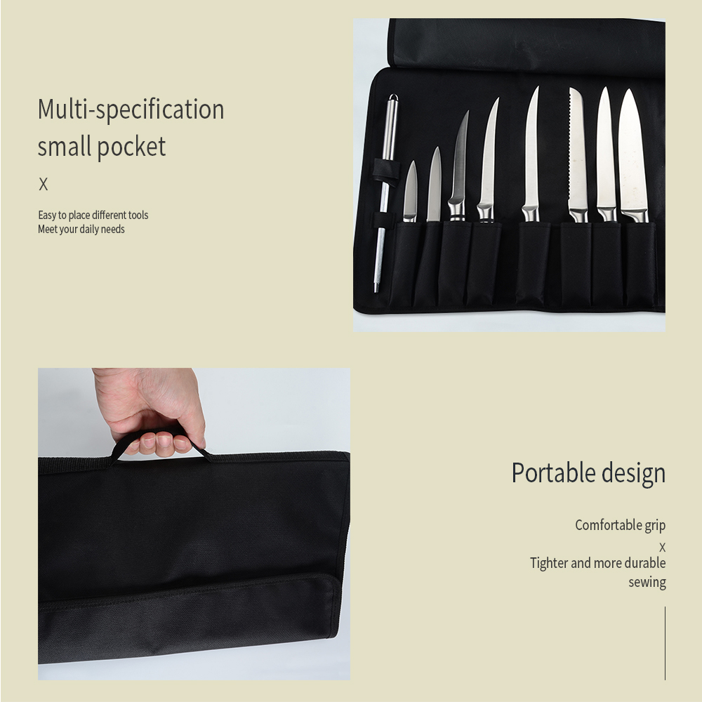 SOWOLL 12 Pockets Chef Knife Bag Roll-Bag Portable Durable Storage Pockets Kitchen Knives Carry Case Bag Durable Knife-Bag Black