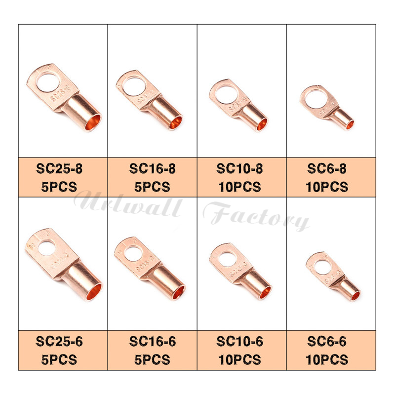 60Pcs Bolt Hole Tinned Copper Cable Lugs Battery Terminals Set Electric Wire Cable Bare Crimped/Soldered Connectors SC6-25 Kit