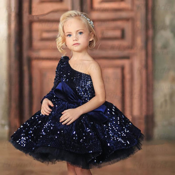 Short Fashion Royal Blue Kids Girls Elegant Flower Girl Dress Princess Party Pageant Formal SequinsTulle 2-14 Y