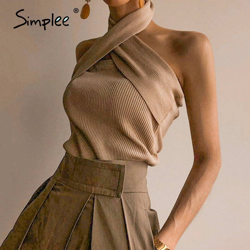 Simplee Elegant halter neck women tank tops Casual streetwear summer solid female tops Sexy sleeveless ladies cami tops 2020