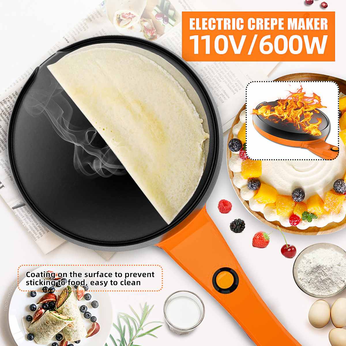 Electric Crepe Maker Non Stick Breakfast Cooker Grill Plate Hot Machine Hot Plate Cooktop 110V US