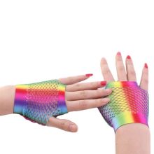 Womens Rainbow Stripes Short Fingerless Wedding Gloves Hollow Out Fishnet Wrist Length 80's Party Costume Stretchy Mittens