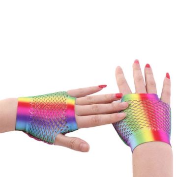 Womens Rainbow Stripes Short Fingerless Wedding Gloves Hollow Out Fishnet Wrist Length 80's Party Costume Stretchy Mittens