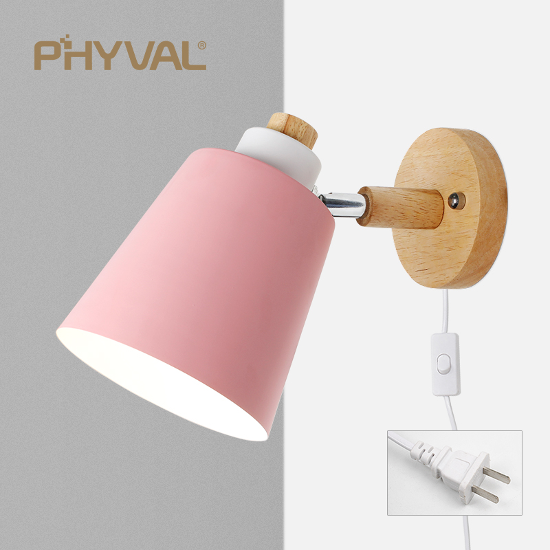 PHYVAL Nordic Wall Lamp With Switch Iron Wall Lamp E27 Macaroon 6 Color Bedside Wall Lamp Led EU/US Plug Wall Sconce Light