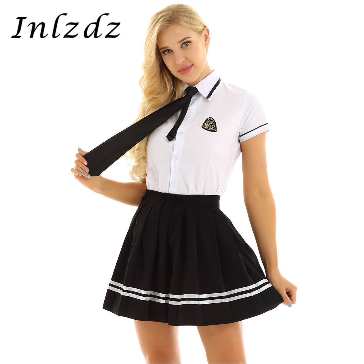 Women's Girls School Uniform Suit Short Sleeve T-shirt Top School Skirts with Badge and Tie Set High School Cosplay Clothing