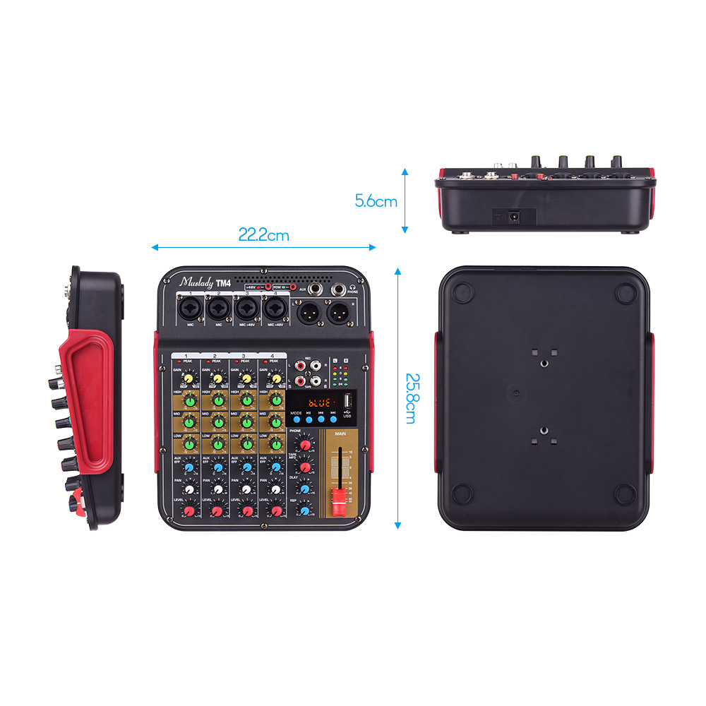 Muslady TM4 Quality 4-Channel Audio Mixer Mixing Console with BT Function Audio System for Studio Recording Broadcasting