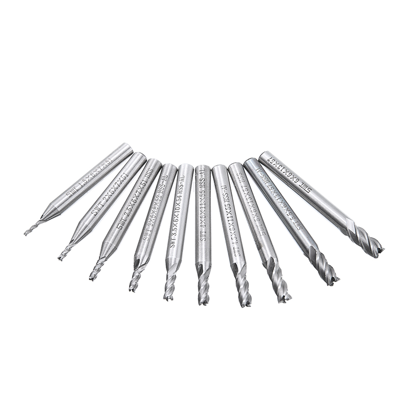 10pcs 4 Flute End Mill Set HSS Straight Shank Milling Cutter 1.5-6mm Router Bit Set for CNC Woodworking