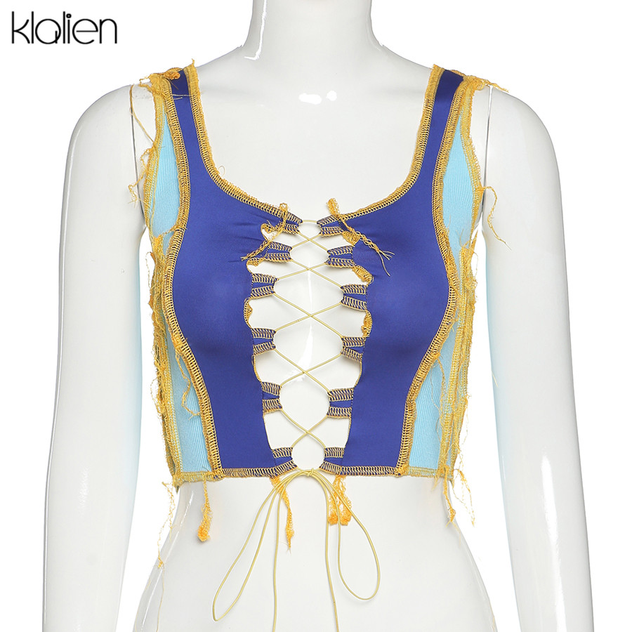 KLALIEN fashion sexy hollow out bandage Drawstring patchwork tank top women summer high street casual crop top skinny tank top