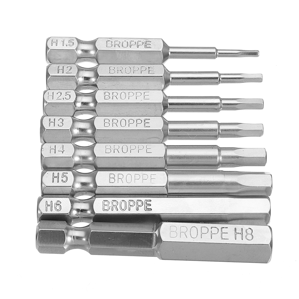Broppe 8pcs Set 50mm 1/4 Inch Hex Shank Magnetic Hex Head Screwdriver Bits Electric Driver Bits Screwdriver Drill Bit S2 H1.5-H8