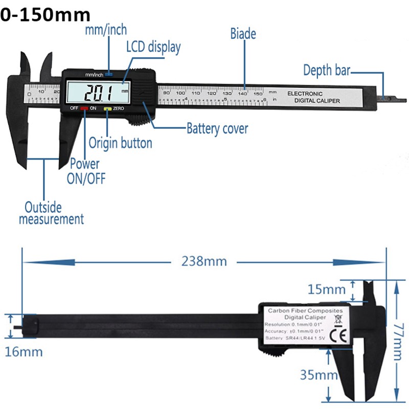 0-150mm vernier Caliper electronic digital plastic calipers ruler measuring tools LCD display diameter carbon fiber 1.5V battery
