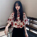 Beige flowers loose female short sleeve Harajuku Korean polo sexy women's bloome beach kimino cardigan chiffon shirts blusas