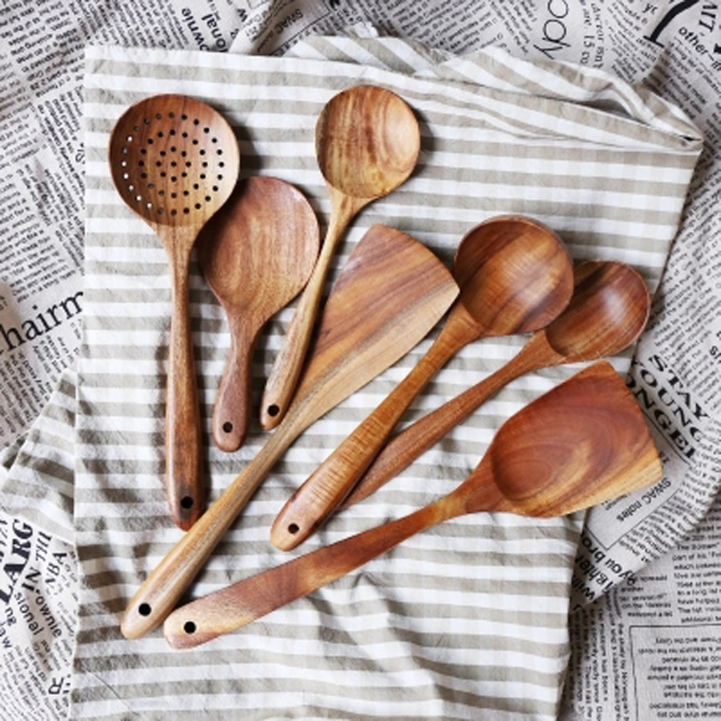 Thailand Teak Natural Wood Tableware Spoon Ladle Turner Long Rice Colander Soup Skimmer Cooking Spoons Scoop Kitchen Tool Set