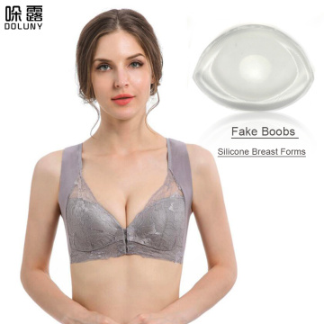 Silicone Breast Bra Gray Mastectomy Bra with Pocket and Transparent Silicone Breast Forms Pad Fake Breast Prosthesis D30