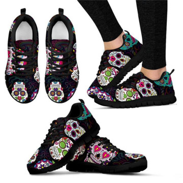 THIKIN Sugar Skulls Printing Shoes Women Fashion Sneakers Ladies Lace-up Mesh Flats for Females Comfortable Flat Shoes Footwear