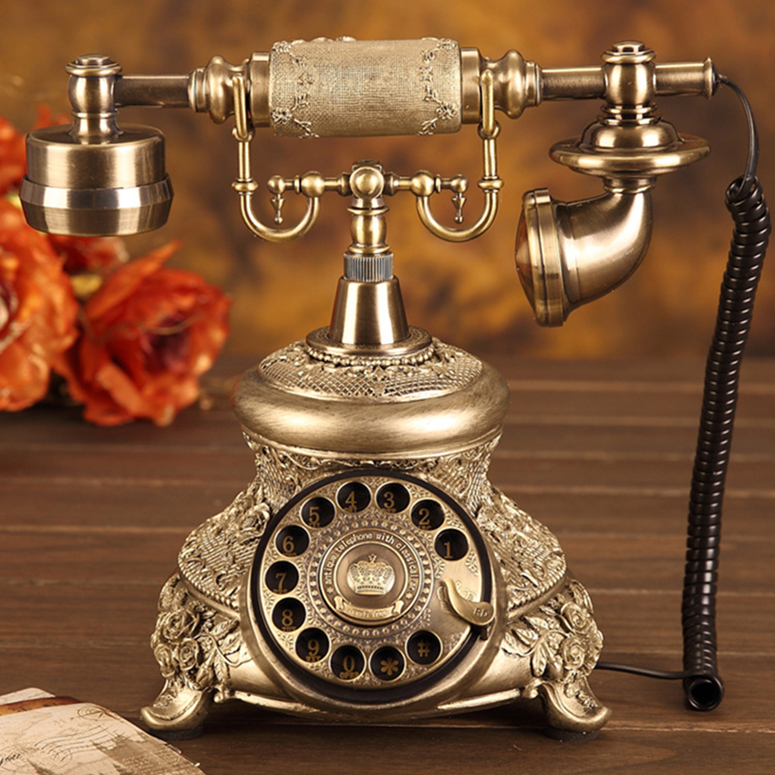 Antique Golden Corded Telephone Retro Vintage Rotary Dial Desk Telephone Phone with Redial, Hands-free, Home Office Decoration