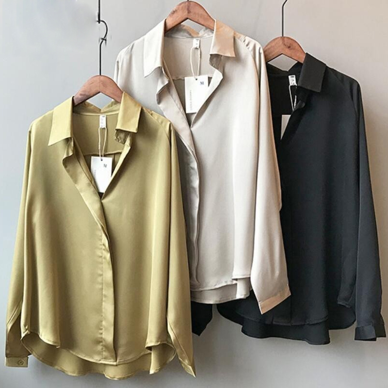 Spring Autumn Blouses Women Long Sleeve Casual Solid Loose Satin Blouse Women Vintage V-neck Cardigan Button Shirt Tops 5273 50