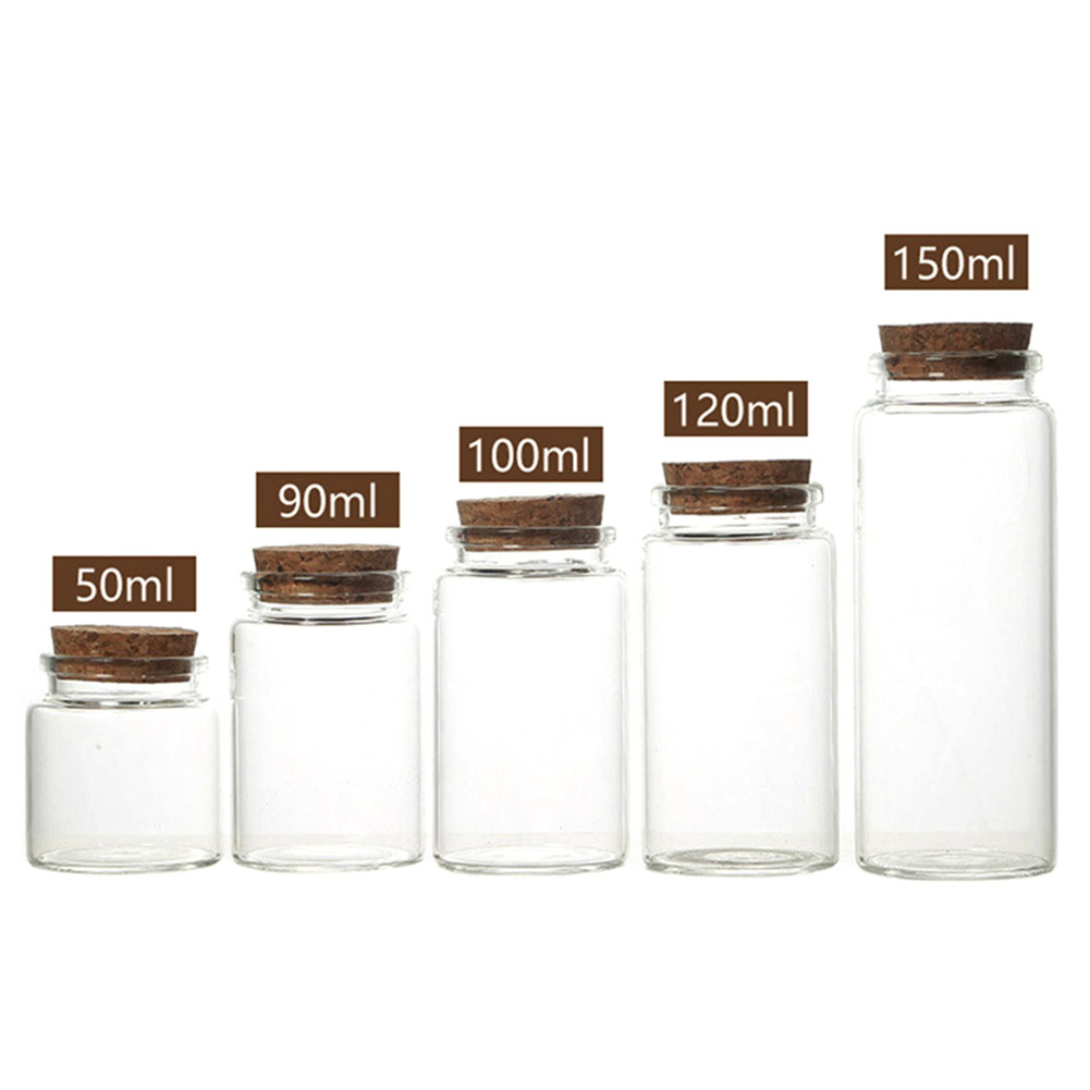 3Pcs 50/60/90/100/120/150ml Transparent Cork Stopper Glass Bottles Jar Vials