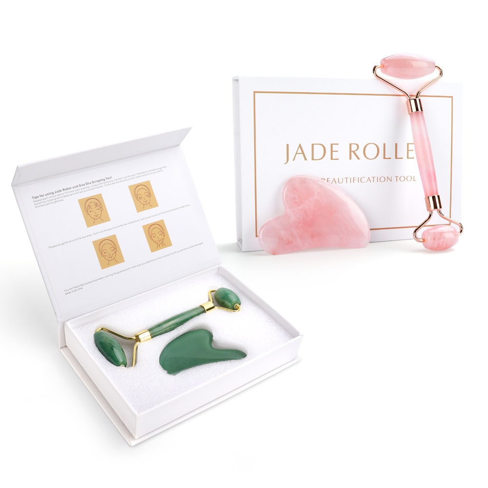 Natural Jade Roller Heart Guasha Scraping Board Slimming Face Lifting Facial Massager Facial Jade Stone Skin Beauty Care Set