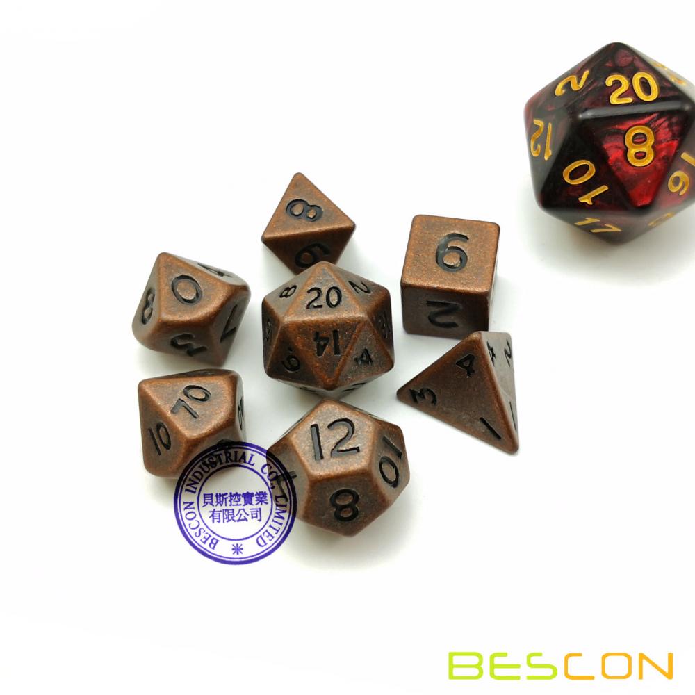 Bescon 10MM Mini Solid Metal Dice Set Antique Copper, Mini Metallic Polyhedral D&D RPG Miniature Dice 7-sets