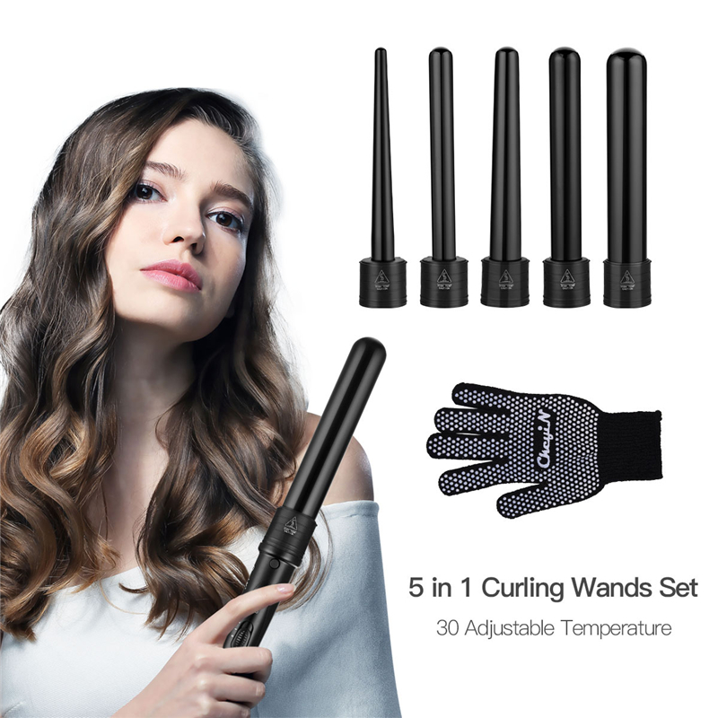 5 in 1 Hair Curler Professional Interchangeable Curling Iron Wand Set 5 Barrels 9MM/19MM/32MM Hair Curling Wand with Glove 45