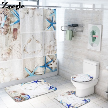 Starfish Printed Bath Mat Absorbent Toilet Seat Cover Mat and Anti-slip Floor Carpet Set Waterproof Shower Curtain Bathroom Rugs