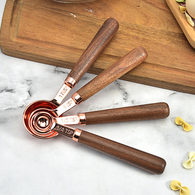 4pcs/set Rose Gold Measuring Cups Measuring Spoon Scoop Walnut Wooden Handle Kitchen Measuring Tool Plating Measuring Cups Spoon