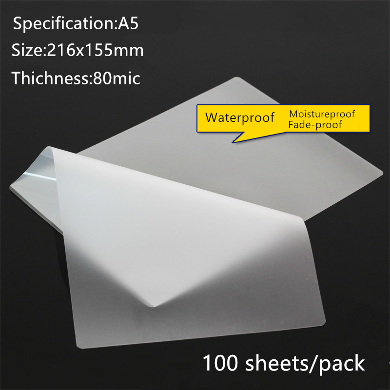 100sheets/pack 80mic A5 216 * 155mm PET Thermal Laminate Film for Protecting Photos/documents/cards/image Laminated Plastic Film