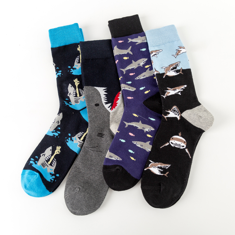 New Casual Combed Cotton Men's Socks Tend Harajuku Street Hip Hop Funny Happy Socks Colorful Shark Pattern Long Socks For Men