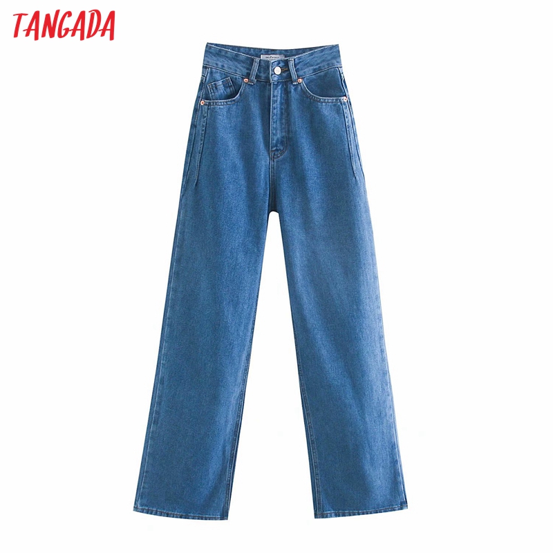Tangada 2020 women high waist overlength jeans pants trousers pockets zipper female wide leg denim pants 4M520
