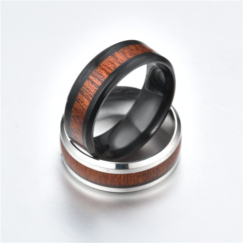 2019 New DropShip stainless steel wedding ring inlaid teak Woody jewelry titanium steel ring Size 6/7/8/9/10/11/12/13/14