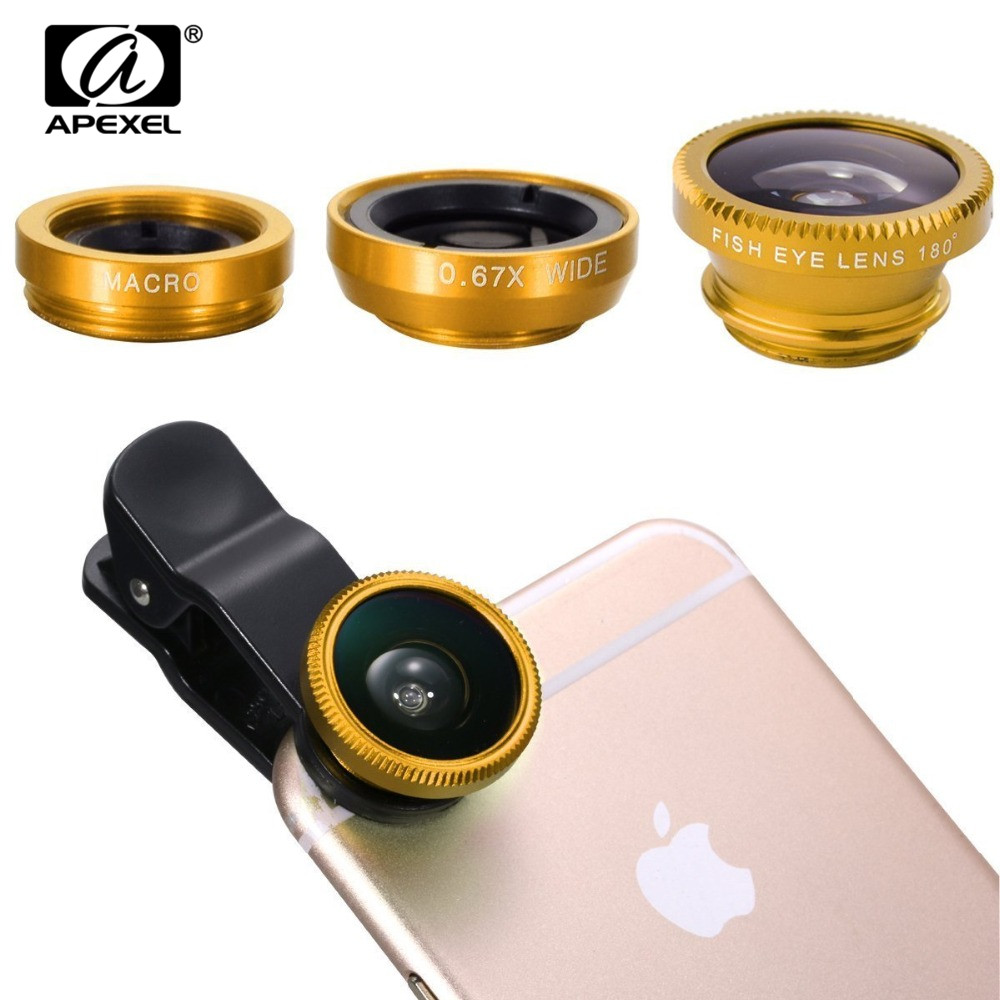 APEXEL 3-in-1 0.67x Wide Angle Macro Fisheye Lens Camera Kits Mobile Phone Lenses with Clip for iPhone Samsung All Cell Phones