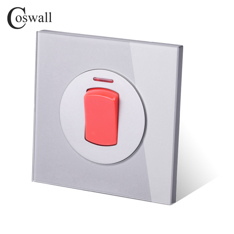 Coswall Grey Gray 20A DP Switch With Neon Glass Panel For Water Heater On / Off Wall Switch For Air Conditioner R11 Series