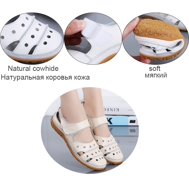 EOFK Summer Women Gladiator Sandals Ladies Hollow Casual Comfortable Soft Leather Skin Genuine Leather Flat Beach Sandals