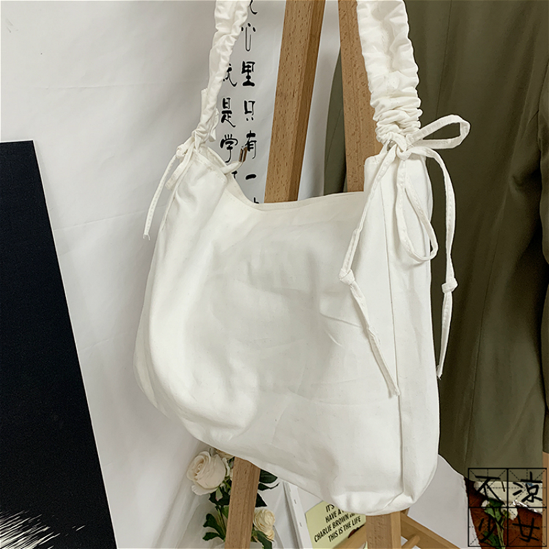 Shopping Bags Women Canvas Solid Large Capacity Harajuku Vintage Fashion Pleated Shopper Casual Simple Students All-match Chic