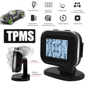 Tire Pressure Monitoring System With Cigarette Lighter Plug TPMS LCD Screen Temperature Warning USB Charging 4 External Sensors