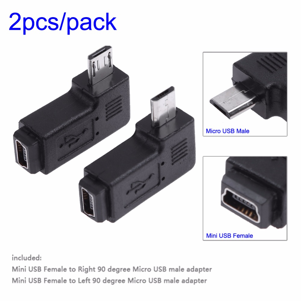 2Pcs/set L Shaped Mini USB Female to Micro USB Male 90 Degree Right Left Angle Adapter Connector Charging Converter