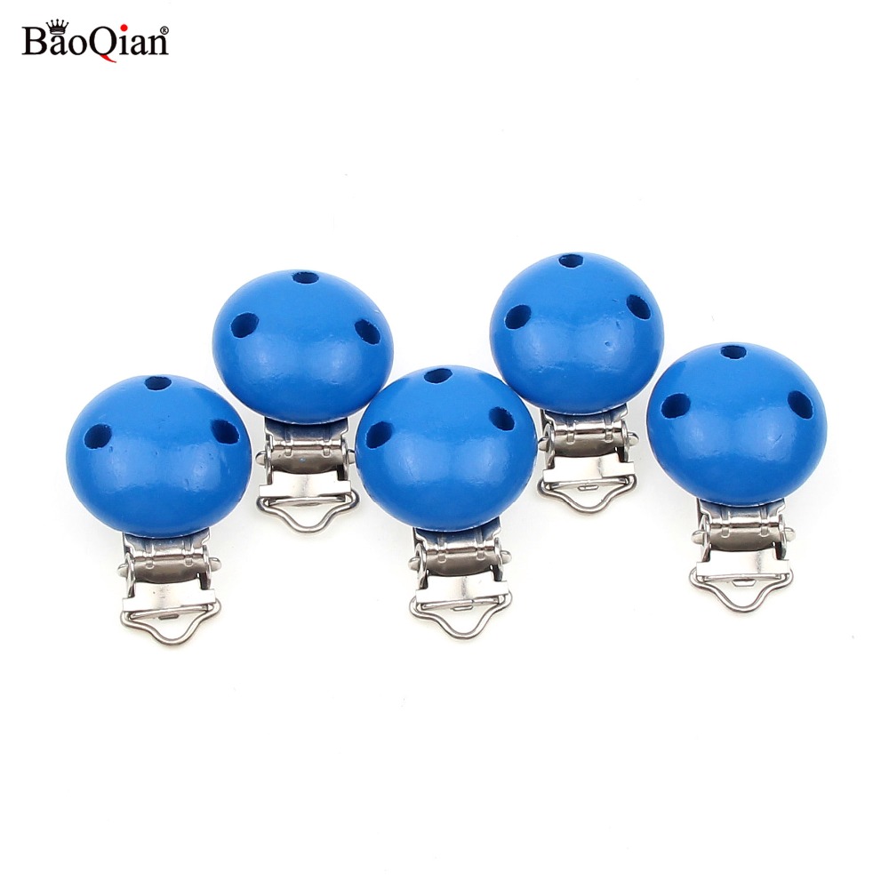 5Pcs Blue Wooden Metal Baby Dummy Pacifier Clips Holders Round Clasps Suspender Garment Accessories Plastic Insert 29x45mm