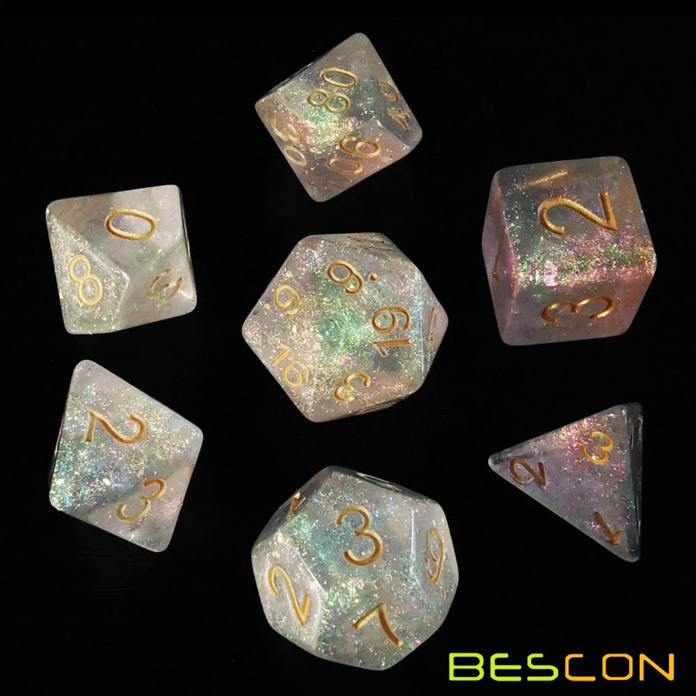 Bescon Shimmery Dice Set Pink-Glaze, RPG 7-dice Set in Brick Box Packing