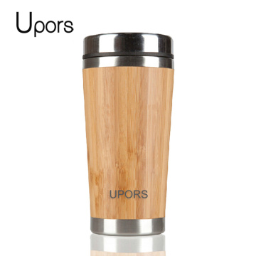 UPORS 450ml Bamboo Coffee Cup Stainless Steel Coffee Mug with Leak Proof Lid Travel Reusable Wooden Mug Insulated Coffee Tumbler