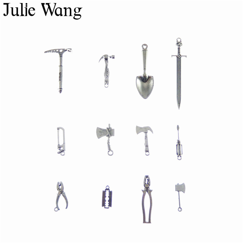 Julie Wang 12pcs Mixed Tool Mini Pliers Ax Saw Shovel Hammer Charm Necklace Pendants DIY Jewelry Making Accessory