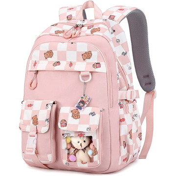 Backpack for Girls Fashion Assembly Lattice School Bag with Cute Bear and Cartoon Hang Tag