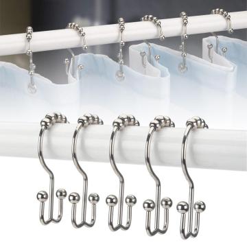 5Pcs Home Double Glide 8-Bead Heavy Duty Bathroom Shower Rod Curtain Hanging Hooks Rings